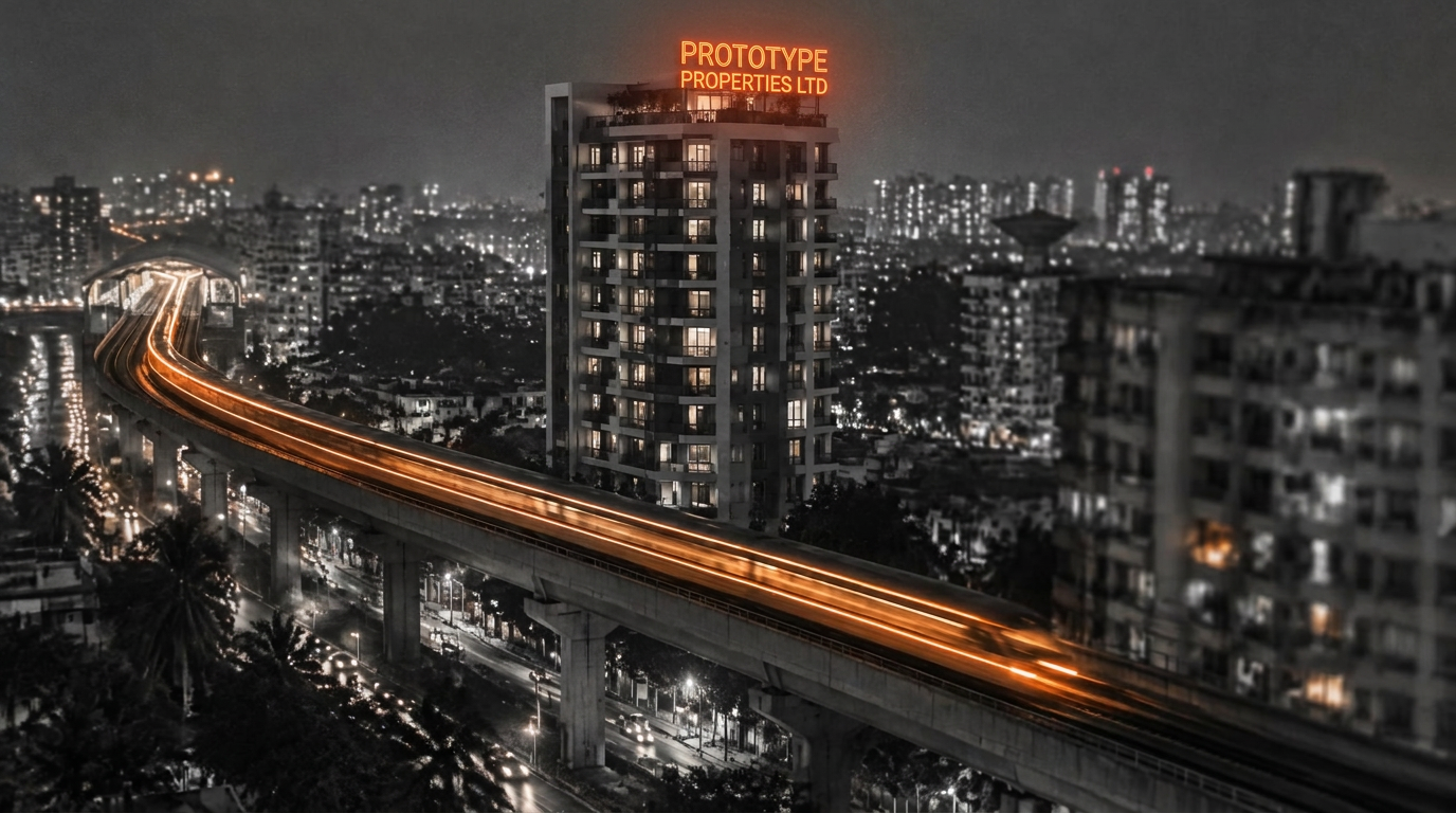 Uttara at night with metro light trails and the Prototype Properties Ltd neon sign